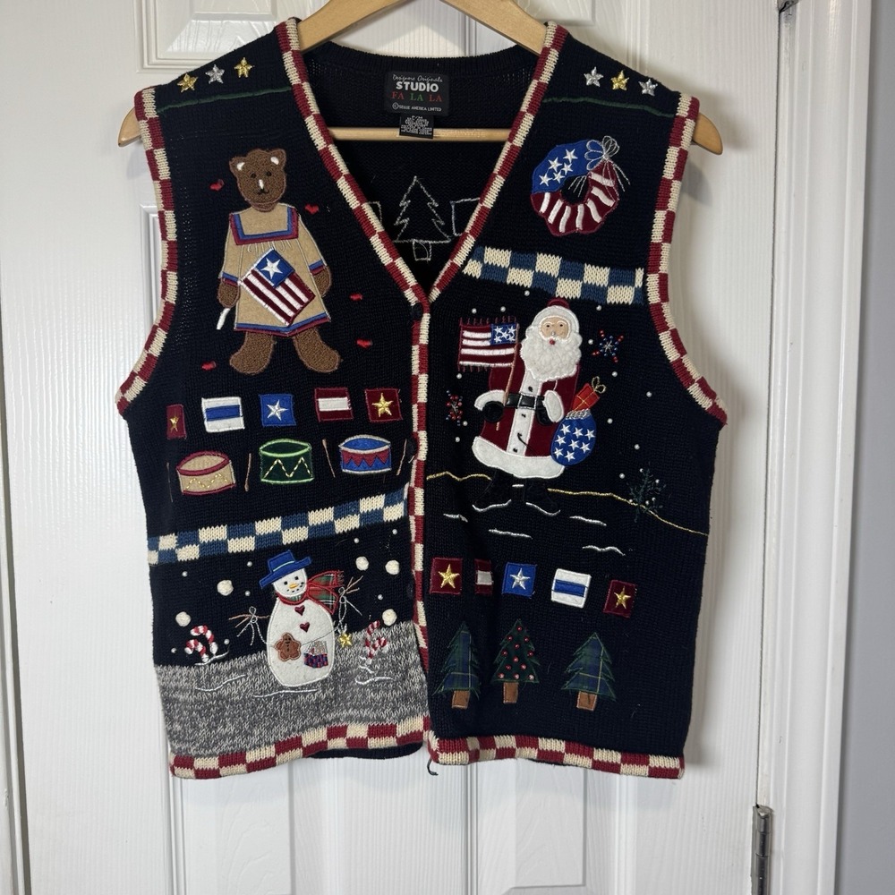 Vtg Designers Sweater Vest Patriotic Christmas Bear Santa Snowman Flag Stars Med